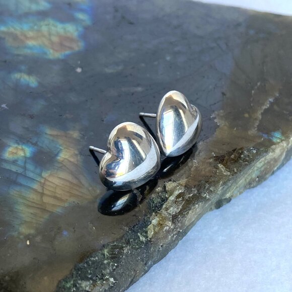 Sterling Silver 925 Italy 0.5" Hollow Puffy Heart Stud Earrings - Picture 14 of 16